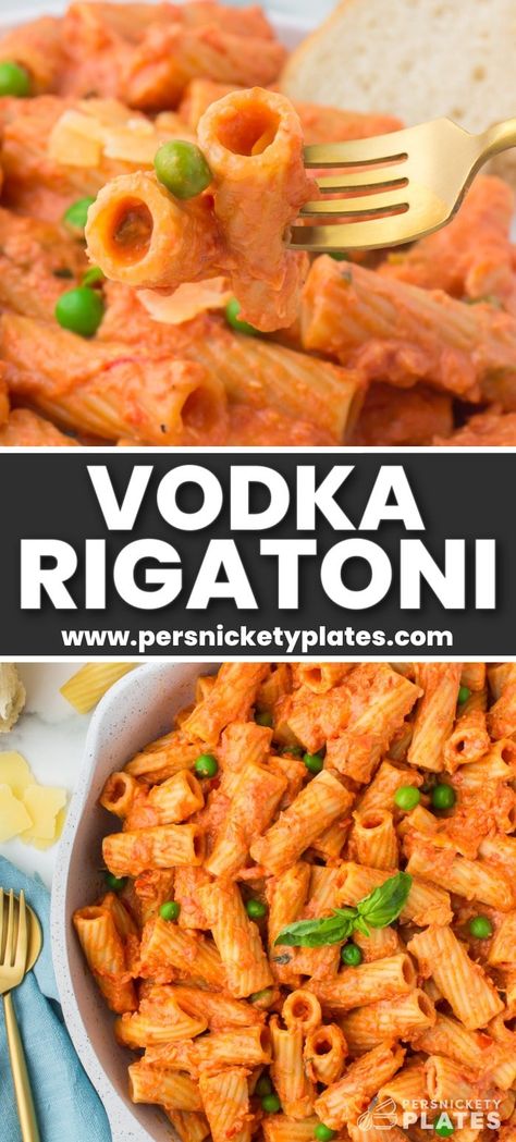 Vodka Rigatoni is a scrumptious pasta dish made with al dente pasta tossed in a rich vodka sauce made with tomatoes, heavy cream, an ounce of vodka, and parmesan cheese. Finished with fresh basil and peas, this easy and elegant one-pan meal is perfect for busy weeknights and fancier occasions! Pasta With Vodka Sauce, Vodka Rigatoni, Rigatoni Pasta Recipes, Tomatoe Sauce, Persnickety Plates, Veggie Noodles Recipes, Veggie Noodle, Vodka Sauce Pasta, Pancetta Recipes