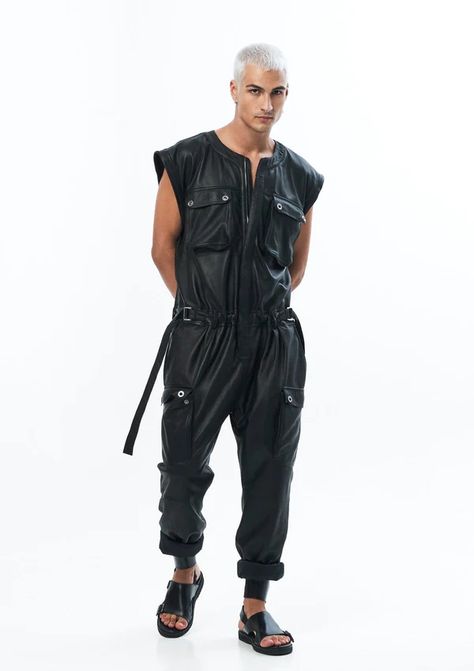 Leather Jumpsuit Men, 2000s Vampire, Utility Outfit, Fashion Overalls, Man Full Body, Male Vampire, Futuristic Clothing, Leather Fashion Men, Festival Fits