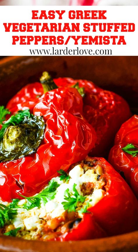 Greek style vegetarian stuffed red peppers Veggie Stuffed Peppers, Vegetarian Greek Recipes, Stuffed Red Peppers, Greek Vegetarian, Greek Stuffed Peppers, Greek Recipes Easy, Red Pepper Recipes, Vegetarian Stuffed Peppers, Easy Stuffed Peppers