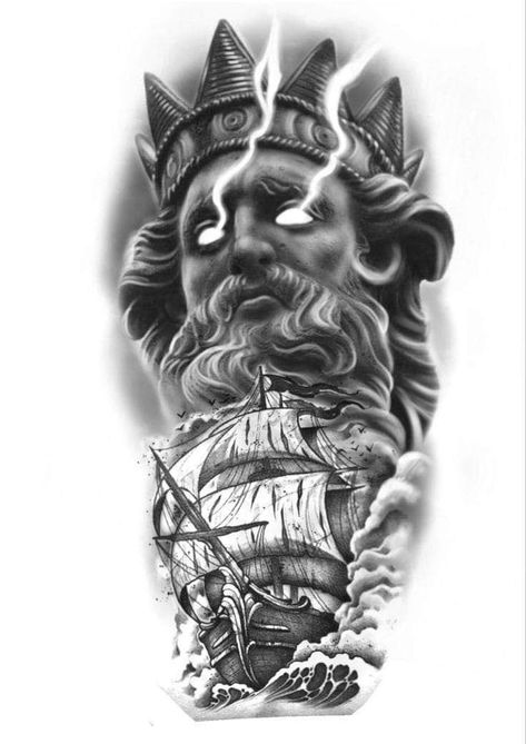 Atlas Tattoo, Poseidon Tattoo, Graphic Tattoo, Zeus Tattoo, Line Tattoo Ideas, Half Sleeve Tattoos Drawings, Statue Tattoo, Full Sleeve Tattoo Design, Greek Mythology Tattoos