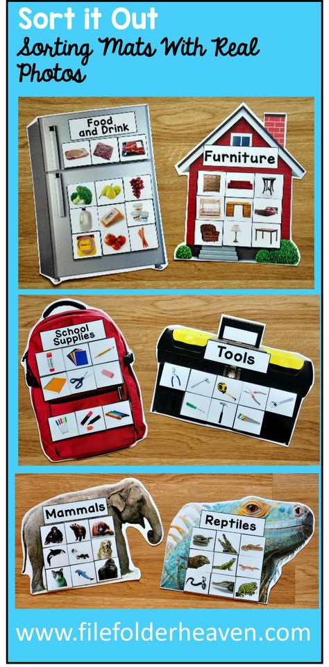 These Sorting Activities: Sorting Mats With Real Photos include 15 unique… Sorting Mats, Life Skills Classroom, File Folder Activities, Slp Activities, Preschool Speech, File Folder Games, Task Boxes, Folder Games, Speech Activities