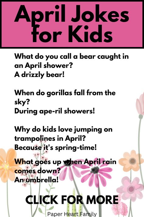 These April jokes for kids includes April Fool's Day jokes, Easter jokes and Spring jokes. Your kids will think they are hilariously funny! April Fools Jokes For Kids, Funny April Fools Jokes, Clean Jokes For Kids, Spring Jokes, Kids Jokes And Riddles, Lunch Jokes, Winter Jokes, Kid Friendly Jokes, Funny April Fools Pranks