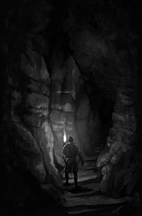 Cave World Fantasy Art, Dark Cave Illustration, Creepy Cave Art, Fantasy Cave Creatures, Fantasy Underground Ruins, Underground Caves Fantasy Art, Dark Cave Fantasy Art, Inside Cave Drawing, Caves Fantasy Art