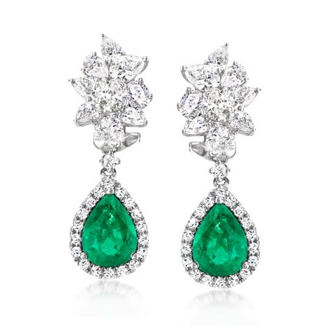 4.70 ct. t.w. Emerald and 4.52 ct. t.w. Diamond Drop Earrings in 18kt White Gold Victorian Drop Earrings, Emerald Earrings Drop, Sapphire And Diamond Earrings, Emerald Green Earrings, Fine Jewelery, Emerald Color, Green Diamond, Emerald Earrings, Pear Shaped Diamond