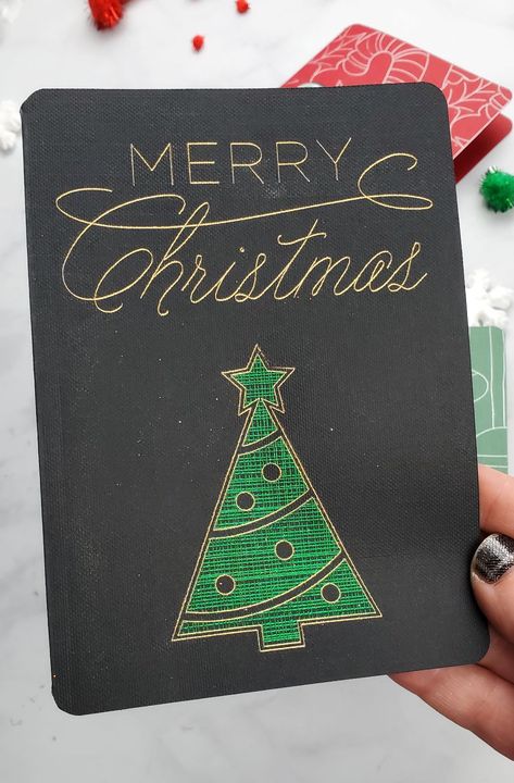 merry christmas cricut foil card diy Simple Cricut Christmas Cards, Cricut Cards Ideas Cardmaking Christmas, Easy Cricut Cards, Cricut Joy Christmas Cards, Christmas Card Cricut Templates, Cricut Foil Cards Ideas, Christmas Card Cricut Free, Christmas Cards With Cricut, Cricut Christmas Cards With Christmas Trees