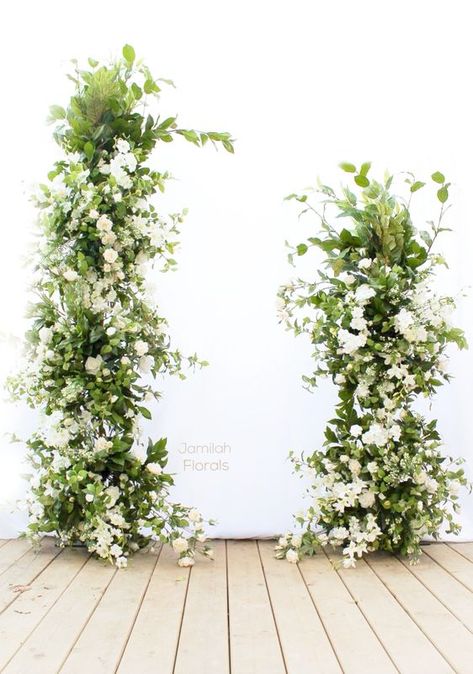 Green And White Ceremony Arch, Wedding Arch Foliage, Arc Of Flowers Wedding, Green And White Aisle Flowers, White Floral Pillars, Entrance Arch Wedding, Open Arch Wedding, Floral Arches Wedding, Flower Pillars