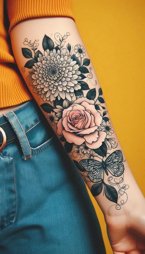 🌸✨ Chrysanthemum & Rose Tattoo Idea: Vintage Elegance ✨🌹 Daisy Rose Chrysanthemum Tattoo, Rose And Chrysanthemum Tattoo, Fine Line Color Tattoo, Chrisantem Tattoo, Large Flower Tattoo, Chrysanthemum Tattoo Design, Rose Tattoo Arm, Floral Sleeve Tattoo, Flower Sleeve Tattoo