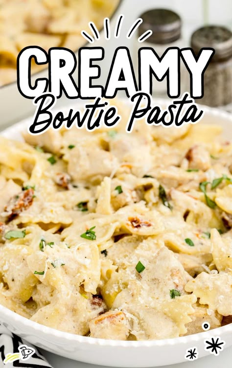 close up shot of Creamy Bowtie Pasta on a plate Bowtie Pasta Cream Sauce, Bow Tie Festival Recipe, Rotisserie Chicken Bowtie Pasta, Bowtie Festival Pasta, Creamy Bowtie Pasta Recipes, Bowtie Chicken Alfredo, Bow Pasta Recipes, Creamy Bowtie Pasta, Bowtie Pasta Recipe