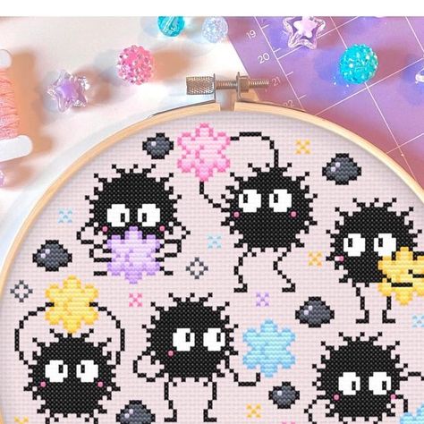 Soot Sprite Cross Stitch Pattern, Soot Sprite Cross Stitch, Soot Sprite Pixel Art, Soot Sprite Perler Beads, Studio Ghibli Cross Stitch, Ghibli Cross Stitch, Soot Sprite, Soot Sprites, Cute Cross Stitch