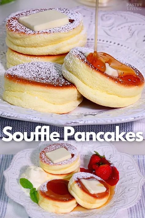 The ultimate guide to making fluffy Japanese souffle pancakes at home successfully. I'm sharing clear instructions with troubleshooting tips! Fluffy Moist Pancakes, Cloud Like Lemon Soufflé Pancakes, Japanese Style Pancakes, New Breakfast Recipes, Shrove Tuesday Pancake Supper, Egg Pancakes Recipe, Breakfast Ideas With Pancakes, How To Make Fluffy Pancakes, Steamed Pancakes