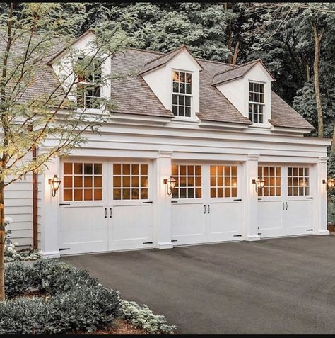 White Garage, Plan Garage, Carriage House Garage, House Journal, Carriage House Plans, Garage Exterior, Carriage Doors, Garage Addition, House Garage