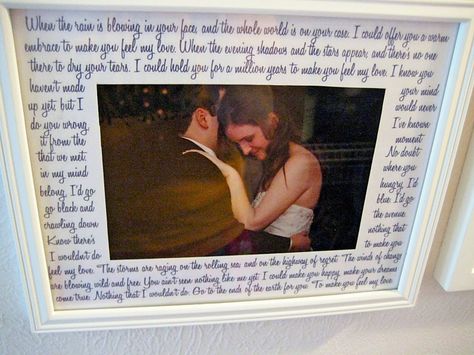 A Pinterest-inspired project: first dance lyrics typed on photo mat! (I'm too OCD to handwrite them) Frame Matting Diy, Easy Frame, Diy Picture Frames, Photo Matting, Frame Matting, Framed Gifts, Diy Photo, Art Tutorial, Diy Frame