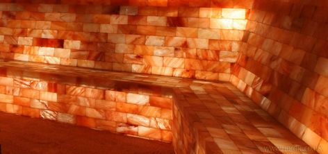 Regardless of what type of sauna you have, it can be easily “upgraded” or converted into a Himalayan salt sauna, with the addition of authentic Himalayan salt boulders and bricks and fixtures throughout the room. Salt Cave Spa, Himalayan Salt Room, Salt Cave, Salt Block, Salt Room, Spa Rooms, Salt Lamps, Spa Room, Massage Room