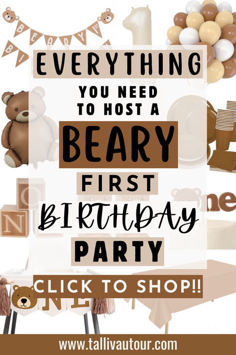 Looking to host the cutest Beary First Birthday Party? I've got you covered from invitations to balloons to party favors! It's all linked in my blog! Amazon affiliate (contains affiliate links) #bearyfirstbirthdaypartyideas #bearyfirstbirthday #bearbirthday #firstbirthdaypartyidea #firstbirthday #1stbirthday #balloons #boybirthday #girlbirthday #party #partytheme #partyideas #eventplanning #celebration #birthdayparty #banner #naturebirthdaypartyidea #campingbirthday #onehappycamper #neutral One Beary Good Year Birthday, Bear Theme First Birthday Boy, Bear-y First Birthday, Bear Party Food, Little Bear Birthday Party, Beary First Birthday Boy, Beary First Birthday Party, Bear First Birthday Party, Teddy Bear Birthday Theme