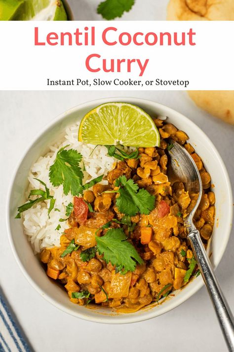 Coconut Curry Instant Pot, Slow Cooker Lentil Curry, Lentil Coconut Curry, Lentils Instant Pot, Monthly Meals, Lentil Coconut, Coconut Lentil Curry, Bean Dishes, Instant Pot Slow Cooker