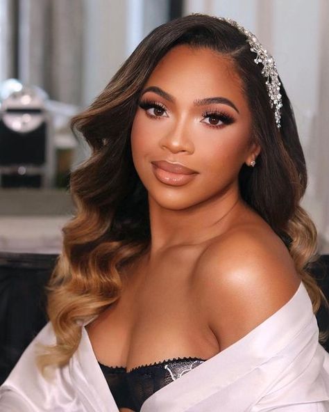 Romantic Wedding Makeup For Brown Eyes, Bride Makeup For Brunettes, Wedding Makeup Light Skin Black Women, Wedding Makeup Mixed Women, Glowy Makeup Wedding, Wedding Glam Makeup Brides, Bridal Makeup Hooded Eyes, Bridal Makeup For Black Women, Wedding Glam Makeup