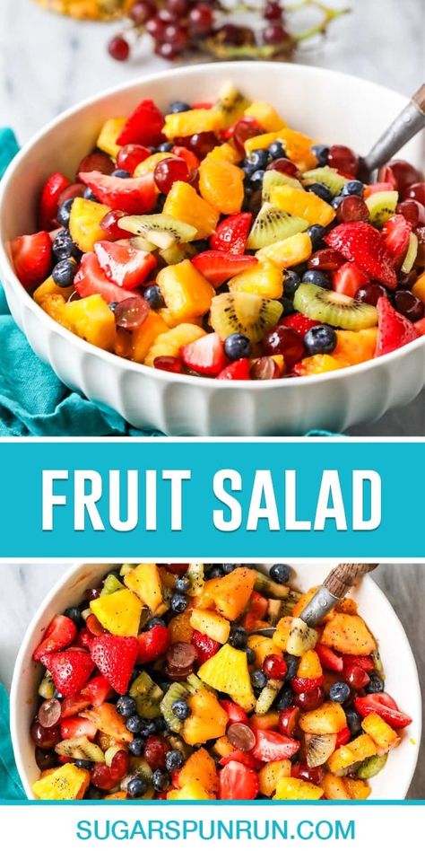 This is my easy and completely customizable fruit salad recipe! It takes just 5 minutes to prepare and includes an optional (but recommended!) honey lime dressing. Fruit Salad For Party, Honey Lime Fruit Salad, Sugar Spun Run, Fruit Desserts Easy, Honey Lime Dressing, Dressing For Fruit Salad, Fruit Salad Recipe, Fruit Salad Easy, Fresh Fruit Salad