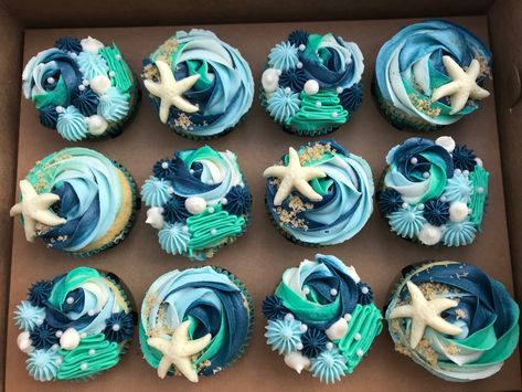 Pasta Cupcakes, Nautical Theme Cupcakes, Ocean Cupcakes, Birthday Party Under The Sea, Beach Theme Cupcakes, Ocean Cake, Sea Cupcakes, Beach Cupcakes, Theme Cupcakes