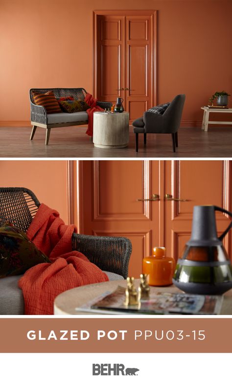 This living room gives off a warm and cozy style thanks to a new coat of Behr Paint in Glazed Pot on the walls. A burnt shade of orange that pairs well with dark gray and neutral white colors, this bold hue is sure to inspire. Click below to see the full color details. Rust Colored Walls Living Room, Glazed Pot Behr Paint, Behr Burnt Orange Paint, Behr Glazed Pot, Burnt Orange Behr Paint Colors, Orange Paint Colors For Living Room, Rust Living Room Walls, Behr Orange Paint Colors, Burnt Orange Walls Living Room