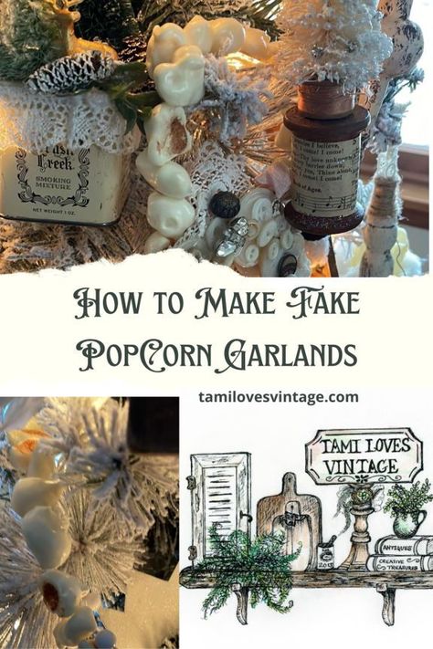 I am showing you how to make fake popcorn garlands for your Christmas tree. They are so simple to make and take just a few supplies. I use my garlands in my tree. But you can do like the Victorians did and work them into any portion of your Christmas decor! It only takes a few minutes to make these garlands for your vintage Christmas decor! How To Make Popcorn Garland, Fake Popcorn Garland, Popcorn String, Fake Popcorn, Faux Popcorn, Vintage Craft Ideas, How To Make Popcorn, Winter Craft Ideas, Popcorn Garland