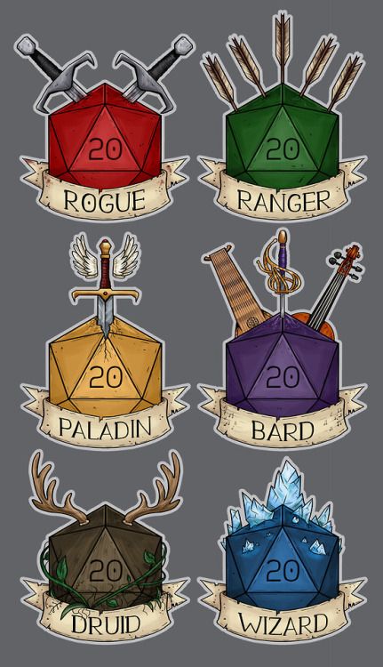 Did someone say new sticker designs…? ;) I thought some simple d20 class designs wouldn’t be such a bad idea, and here are the first six. I will be doing other classes, like monk, cleric, barbarian etc, at some point in the near future, no... Dungeons And Dragons Dice Art, Dungeons And Dragons Color Palette, Dungeons And Dragons Crafts, Dungeons And Dragons Diy, Dungeons And Dragons Memes, Dungeons And Dragons Art, Games Ideas, Sticker Designs, Bad Idea