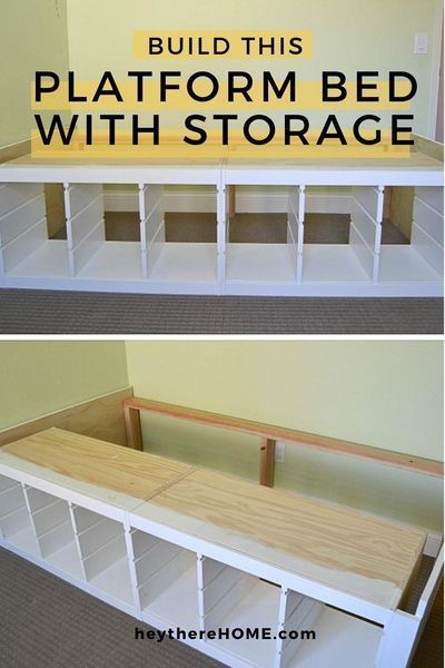 Step-by-step tutorial for this DIY platform bed with storage for all your kid's toys. We created this diy storage bed using IKEA shelves and a little DIY. Beds With Storage Diy, Raised Twin Bed With Storage Diy, Storage Headboard Diy, Under Bed Storage Diy, Diy Platform Bed With Storage, Diy Under Bed Storage, Diy Twin Bed Frame, Diy Twin Bed, Diy Kids Bed