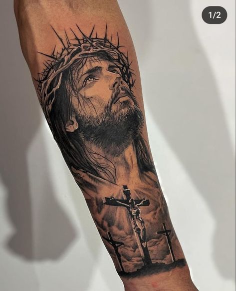 Jesus Tattoo On Arm, Jesus Forearm Tattoo, Jesus On Cross Tattoo, Jesus Tattoo Sleeve, Tato Realis, Religous Tattoo, Christus Tattoo, Mother Mary Tattoos, Jesus Christ Tattoo