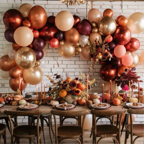 Fall Themed Parties For Adults, Fall Potluck Decoration Ideas, Fall Colors Birthday Party, Fall Birthday Color Schemes, Thanks Giving Party Decoration Ideas, Photo Booth Fall Ideas, Thankful Themed Party, Fall Banquet Decorations, Fall Banquet Ideas