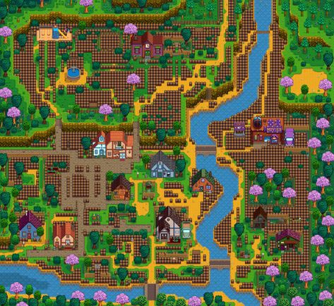 Pelican Town Villager Paths -- Every safe space to place decorations, chests, kegs, etc. Stardew Valley Path Design, Stardew Design, Stardew Ideas, Stardew Valley Layout, Stardew Valley Tips, Stardew Valley Farms, Cave Entrance, Cinema Seats, Forest Pictures