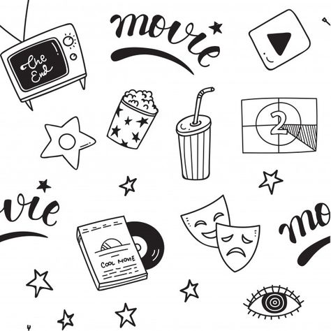 Various movie stuff doodle seamless background Premium Vector Movie Doodles, Film Drawing, Banner Doodle, Doodle Pictures, Background Pattern Design, Lsd Art, Planner Doodles, Doodle Background, Calligraphy Drawing