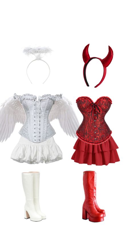 Corset Halloween Costumes, Halloween Rave Outfits, Angel And Devil Costume, Devil Halloween Costume, Angel Halloween Costumes, Halloween Duos, Halloween Rave, Classy Halloween Costumes, Matching Halloween Costumes