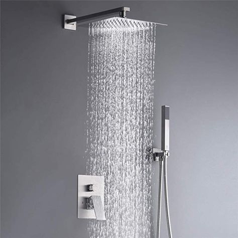 Rain Shower System Complete Shower Faucet Set 10 Inch Wall Mounted Rainfall Shower Head with Handheld Rough-in Valve Body and Trim kit - - AmazonSmile Rain Shower Head Ceiling, Shower Head With Handheld, Rain Shower System, Waterfall Shower, Shower Fixtures, Shower Holder, Shower Faucet Sets, Rainfall Shower Head, Tub Spout