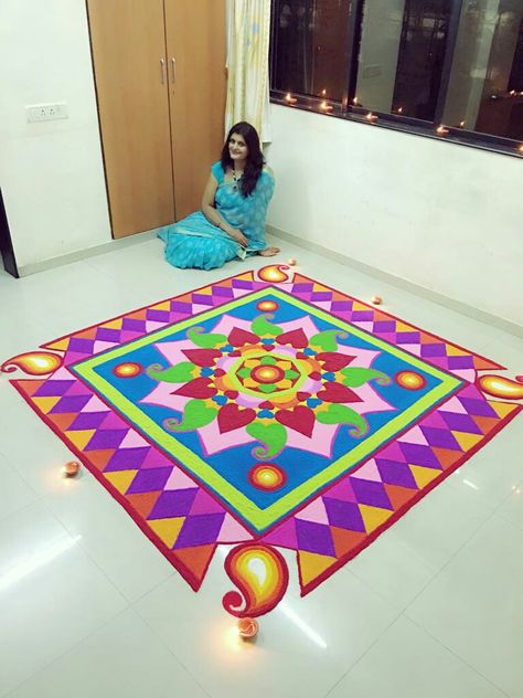 Rangoli In Square Shape, Rangoli Designs Big And Easy, Rangilo Design Easy, Haldikunku Rangoli, Rangoli Designs Square, Theme Rangoli Designs For Competition, Unique Rangoli Designs Diwali, Square Rangoli Design, Rangoli Designs Latest Unique For Diwali