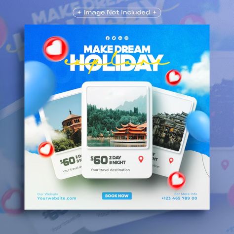 Free PSD | Travel holiday vacation social media post template with photo frame Frame Social Media Design, Social Media Frame Design, Resort Social Media Post Design, Travel Banner Design Ideas, Travel Agency Social Media Design, Travel Posts Instagram, Vacation Posts Instagram, Travel Post Ideas Instagram, Travel Post Design