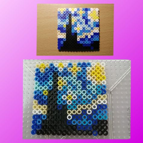 Perler Bead Van Gogh, Starry Night Perler Bead Pattern, Famous Painting Perler Beads, Starry Night Perler Beads, Perler Bead Diy, Things To Make Out Of Perler Beads, Van Gogh Craft, Perler Bead Painting, Perler Beads Crafts