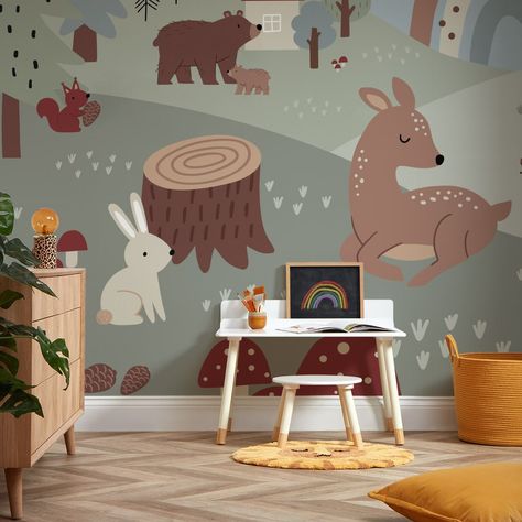 Fill your little wonderers walls with 'Walk in the Woods' and watch their dreams come to life as sleepy creatures snuggle up under the… | Instagram Woods Mural, Woodland Mural, Trees And Clouds, Nursery Wall Painting, Kids Room Murals, Animal Mural, Moonlit Sky, Kids Room Wallpaper, Walk In The Woods