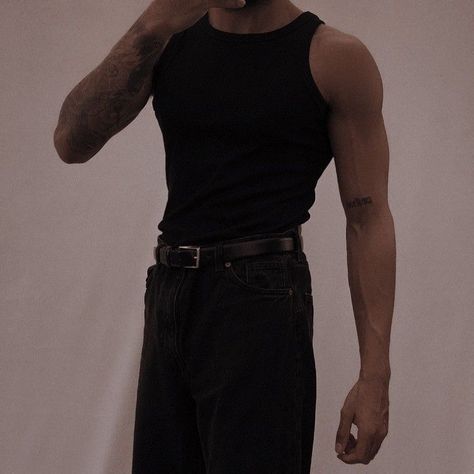 Small Waist Men Outfits, Black Tank Top Outfit Aesthetic, Black Tank Top Outfit Men, Cargo Pants For Work, Grunge Outfit Aesthetic, Undershirt Outfit, Black Tank Tops Outfit, Black Tank Top Men, Men Outfits Aesthetic