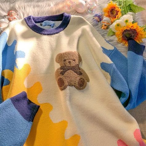 Angel Y Diablo, Korean Bear, Cartoon Sweater, Bear Embroidery, Bear Sweater, Embroidery Sweater, Lovely Clothes, Really Cute Outfits, Winter Sweaters