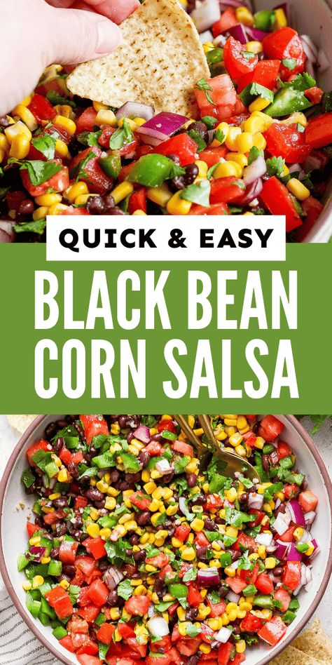 An easy Black Bean and Corn Salsa packed with black beans, corn, tomatoes, red onion, cilantro, and lime juice! Full of flavor and color, it’s ready in only 15 minutes and is the perfect appetizer, dip, or side dish. Black Bean Corn Salsa Recipe, Bean Corn Salsa, Bean Salsa Recipe, Black Bean And Corn Salsa, Cilantro Corn, Corn Bean Salsa, Black Bean Corn Salsa, Corn Salsa Recipe, Black Bean And Corn