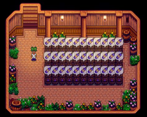 Stardew Valley Shed Layout Aesthetic, Cellar Design Stardew Valley, Stardew Valley Cask Layout, Wine Cellar Stardew Valley, Cellar Layout Stardew, Basement Stardew Valley, Stardew Wine Cellar, Stardew Valley Basement Design, Stardew Cellar Design