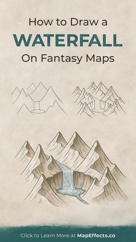 How to Draw a Waterfall on Your Fantasy Maps - Map Effects Tutorial - For Your Next RPG Campaign or Novel Fantasy Map Waterfall, Fantasy Map Doodles, Rice Map, Draw A Waterfall, Fantasy Map Drawing, Map Drawing Ideas, Fantasy Map Drawing Ideas, Map Effects, Map Building