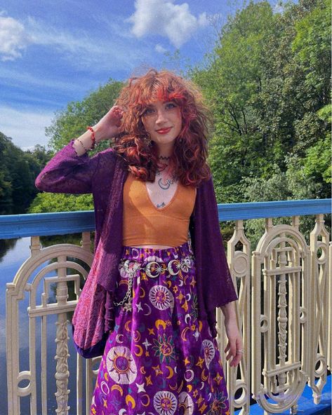 Colorful Witchy Outfits, Colorful Bohemian Outfits, Colorful Whimsigoth, Whimsigothic Aesthetic Clothes, Outfit Inspo Maximalist, Granny Aesthetic Outfits, Purple Orange Outfit, Witchy Outfits Winter, Purple 70s Outfit