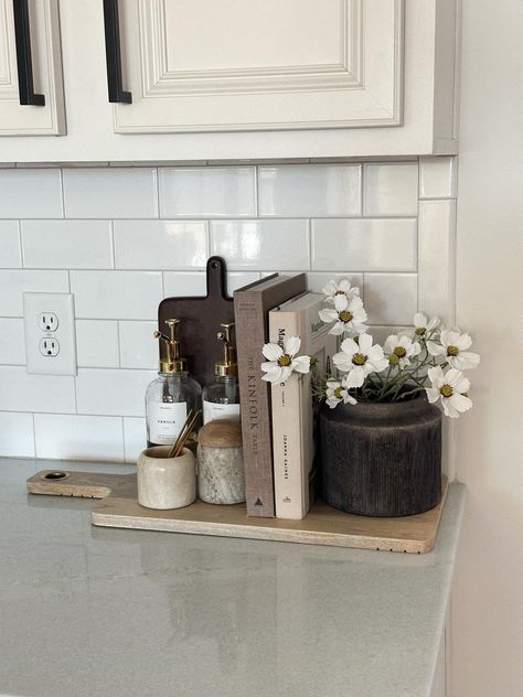 Moody Kitchen Decor Ideas, Fall Kitchen Shelf Styling, Kitchen Counter Shelf Decor, Coffee Counter Decor, Kitchen Table Decor Centerpiece Everyday, Kitchen Countertop Decor, Countertop Decor, Kitchen Counter Decor, Counter Decor