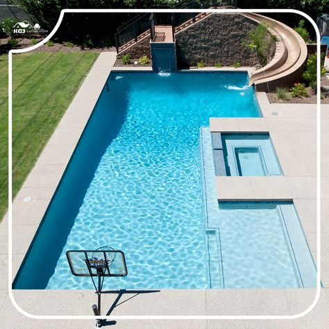 KCJ Landscaping has been one of the leading swimming pool contractors in Dubai Vinyl Swimming Pool, Swimming Pool Slides, Swimming Pool Design Ideas, Backyard Plans, Valley House, Pool Design Ideas, Rectangle Pool, Leisure Pools, Fiberglass Swimming Pools