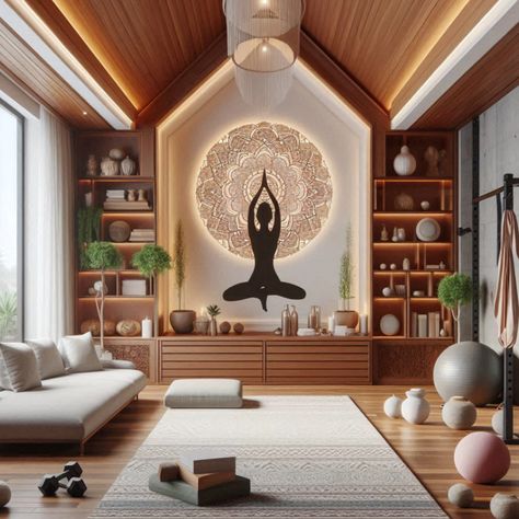 Transform your home gym into a peaceful sanctuary with yoga and meditation areas. Perfect for balanced workouts. #YogaSpace #MeditationArea #HomeFitness #CustomGym #ZenWorkout Modern Yoga Room, Yoga Space Design, Home Gym Design Luxury, Yoga Area, Home Gym Setup, Gym Setup, Gym Room At Home, Gym Interior, Meditation Area