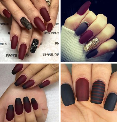 Burgundy Nails: 45 Nail Designs for Different Shapes & Shopping Ideas Fall Nails 2023 Burgundy, Black And Burgundy Nails Ideas, Burgundy Nails With Black Design, Burgundy And Black Nails Acrylic, Matte Burgundy Nails Coffin, Navy And Burgundy Nails, Burgundy And Black Nail Designs, Dark Red Nail Designs Burgundy, Matte Maroon Nails Burgundy