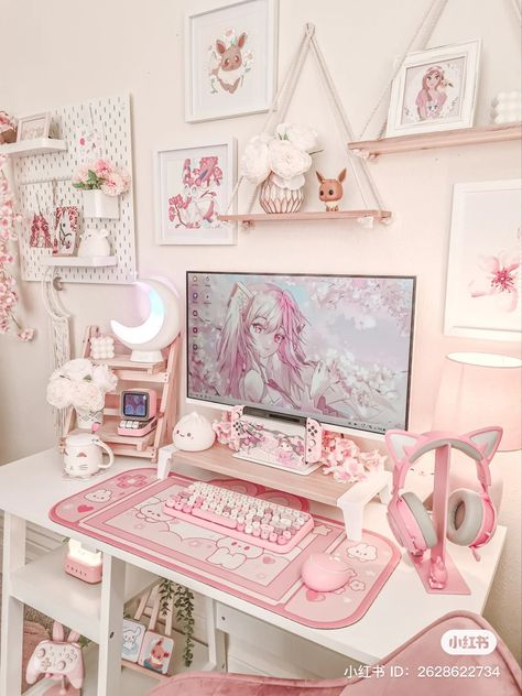 Pink Gaming Setup, Cozy Setup, Kawaii Pokemon, Kawaii Room Ideas, Pink Games, Gamer Setup, Gamer Room Decor, Video Game Room Design, Pink Office