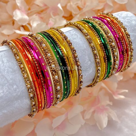 Small Mehndi Night Bangle set - SOKORA JEWELSSmall Mehndi Night Bangle setBANGLES Multicolour Bangles Set, Bangles Outfit, Small Mehndi, Antique Gold Bangles, Green Bangles, Wedding Jewelry Sets Bridal Jewellery, Mehndi Night, Colorful Bangles, Fancy Jewelry Necklace