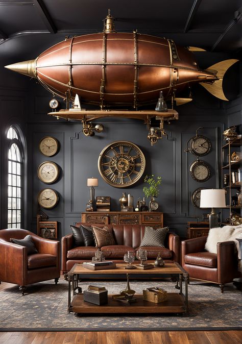 Steampunk Room Ideas, Steampunk Office Decor, Steampunk House Interiors, Steampunk Interior Design, Steampunk Office, Steampunk Rooms, Steampunk Interior, Steampunk Furniture, Steampunk Airship