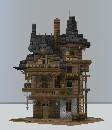 Minecraft Overhang House, Haunted Houses Minecraft, Minecraft Abandoned Mine, Slaughterhouse Minecraft, Dark Cottage Minecraft, Medieval Mc House, Multiplayer Minecraft House, Minecraft Medieval Castle Ideas, Minecraft Mine Enterence